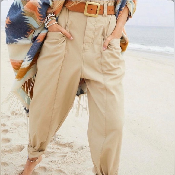 FREE PEOPLE Med Ready To Run Cinch Waist Paper Bag Pants Sand Beige Drop Crotch - Picture 1 of 16